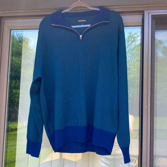 Bonobos Size XL Green Blue Collared Quarter Zip Sweater 100% fine merino wool - Picture 1 of 6